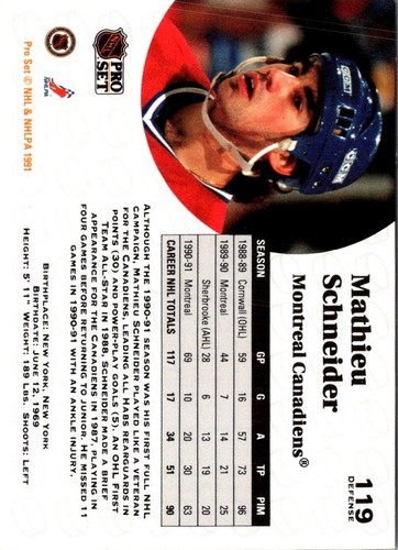 1991 Pro Set Mathieu Schneider #119 Montreal Canadiens Hockey Card - Picture 2 of 2