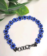 Handmade Beaded Flower Bracelet with Czech Glass SeedBeads 0/10 . Blue Color