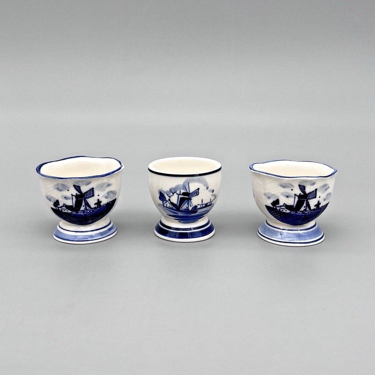 Delft Blue Porcelain Egg Cups Hand Painted Windmills & Floral - Vintage Set of 3