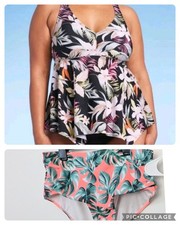 Kona Sol Women's Plunge V-Neck Strappy Swim Tankini Top Floral XL 1X Bottoms