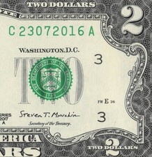 July 23rd 2016 Birthday Note in the Serial Number $2 Dollar Bill C23072016A