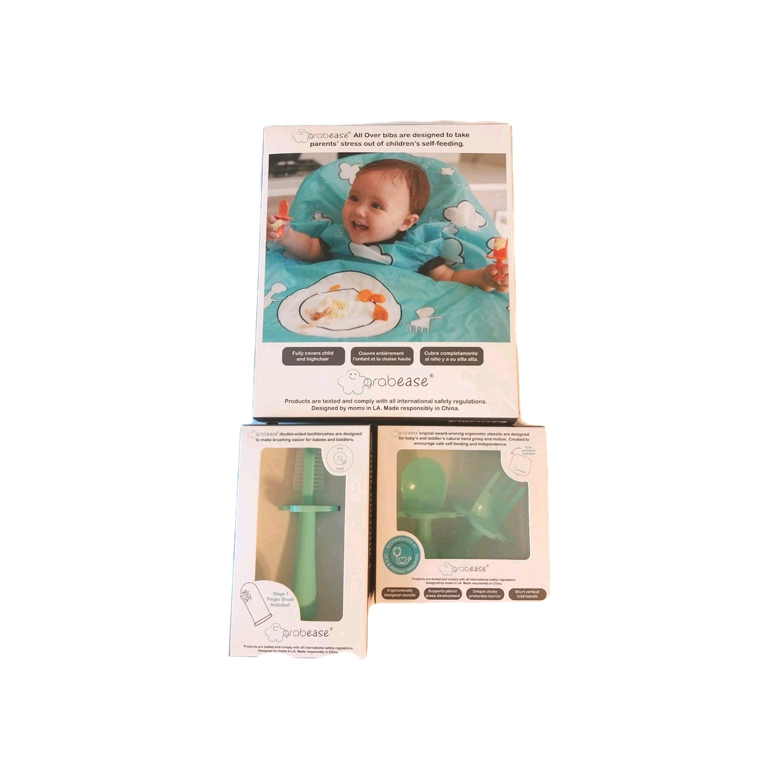 Grabease Self-Feeding Babies Green All Over Bib with Fork Spoon & Toothbrush 6M+