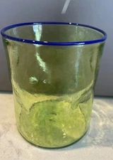 Hand Blown Green Glass Whiskey Rock Glass Blue Rim & Dimpled Texture Signed