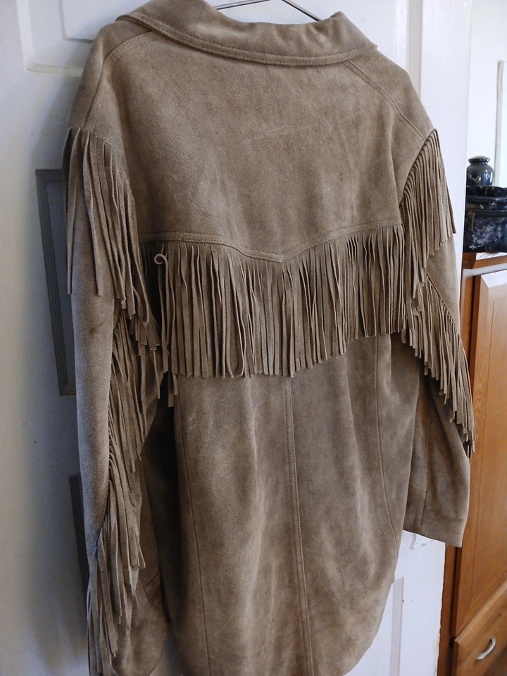 Vintage GEOFF WILLIAMS Heavy Tan Suede Fringe Leather Jacket Western Sz 44 Hip  - Image 2 of 4