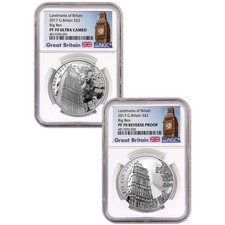 2pc Set - U.K. 2017 £2 1-oz Landmarks of Britain - Big Ben Silver Coin NGC