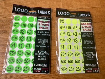 2 Packs Price Stickers Garage/Yard Sale labels, 1,000 Ct Each Green Neon Yellow