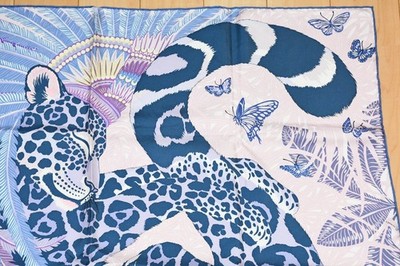 Hermes Scarf Jaguar Quetzal 90 cm Alice Shirley silk purple animal