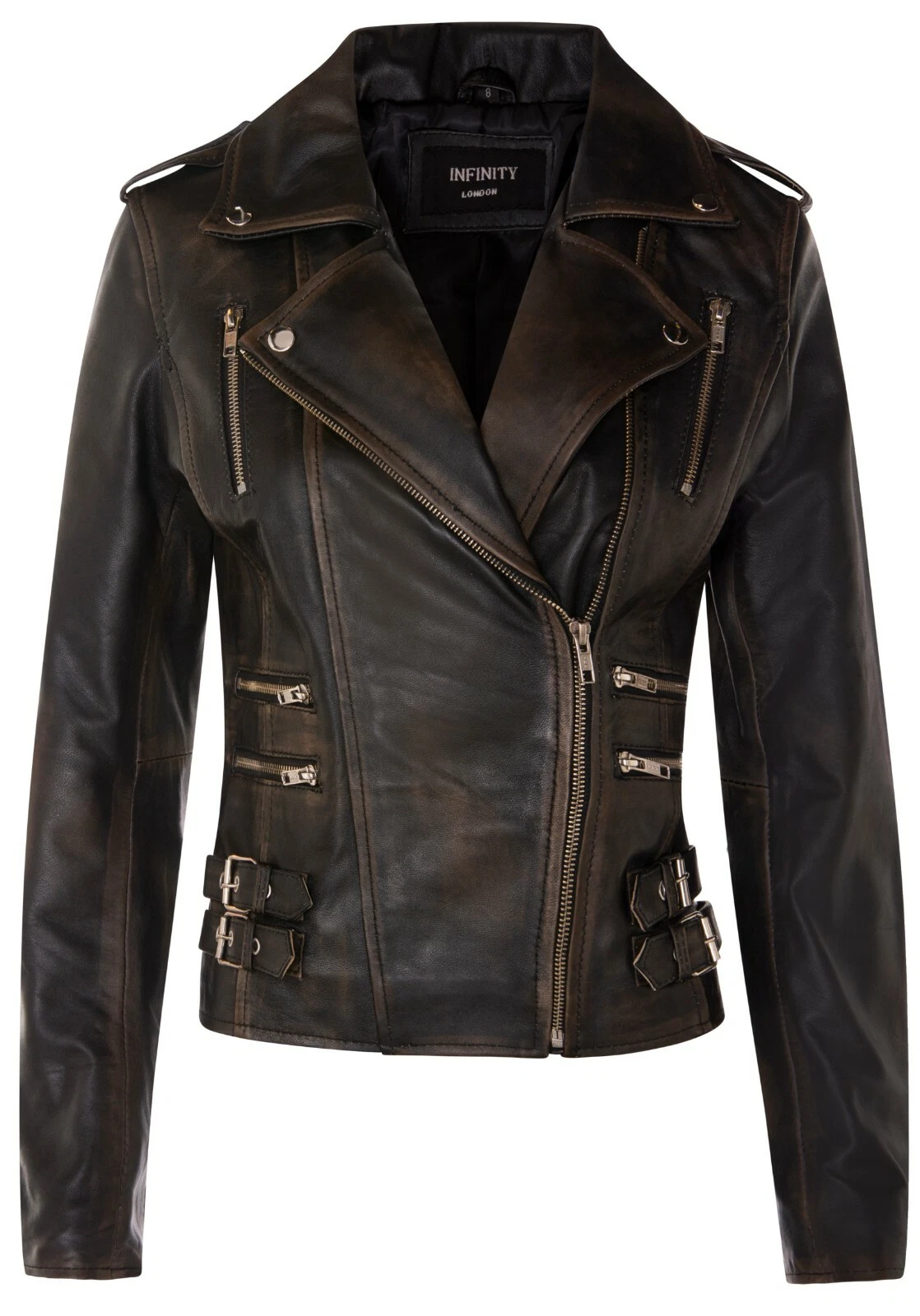 Ladies Leather Biker Jacket Black Real Lamb Nappa Vintage Gothic Buckle Jacket