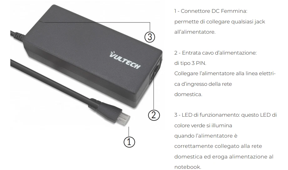 Alimentatore per notebook universale VULTECH AU-70W NERO con 6 connettori - Immagine 2 di 4