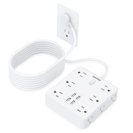 5 ft Power Strip with 12 Outlets & 4 USB Ports,  Flat Plug Surge Protector