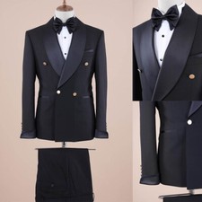 Men Black Suit Double Breasted Jacket Satin Shawl Lapel Party Business Elegant
