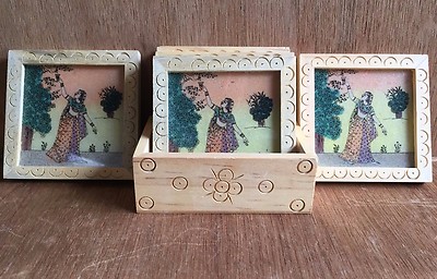 Set of 6 Indian Woman Tea Glass Coasters. Gemstone w holder caddy. Carved design