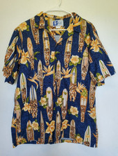 Vintage RJC Men's L Blue Hawaiian Tiki Surfboard Aloha Shirt D-1 