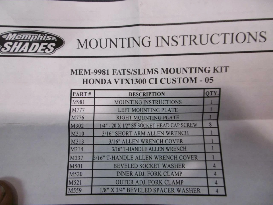 Новый из старых запасов Memphis абажуры жиры/тонкий монтажный комплект # MEM-9981 Honda VTX1300CI D110 - Изображение 3 из 4