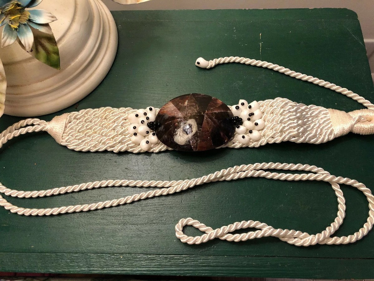Vintage 1980s 80s Braided Woven White Brown Shell Bead Satin 
