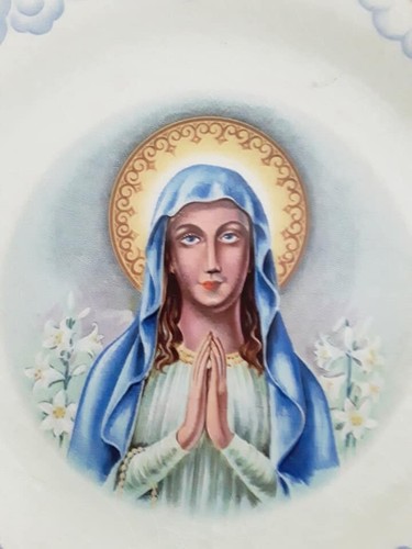 Virgin Mary Madonna Plate Rare Vintage Rosary Angels Lillies Jesus Prayer 10.5" - Picture 3 of 12