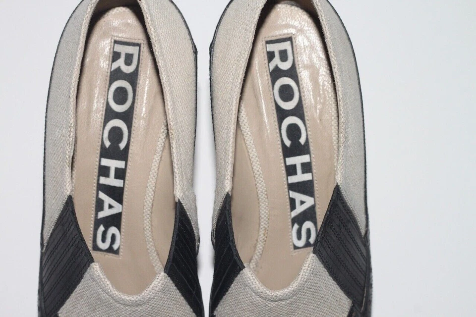 Черные кожаные холщовые туфли-лодочки ROCHAS с открытым носком на платформе на танкетке размер 36,5 - Изображение 3 из 4