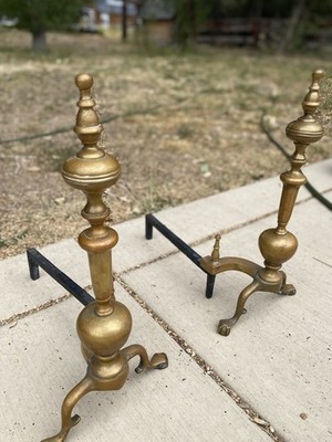 Pair Of Large VTG Brass Fireplace Andirons Fire dogs, 21'' Tall,  Ball Foot MCM