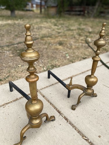Pair Of Large VTG Brass Fireplace Andirons Fire dogs, 21" Tall,  Ball Foot MCM