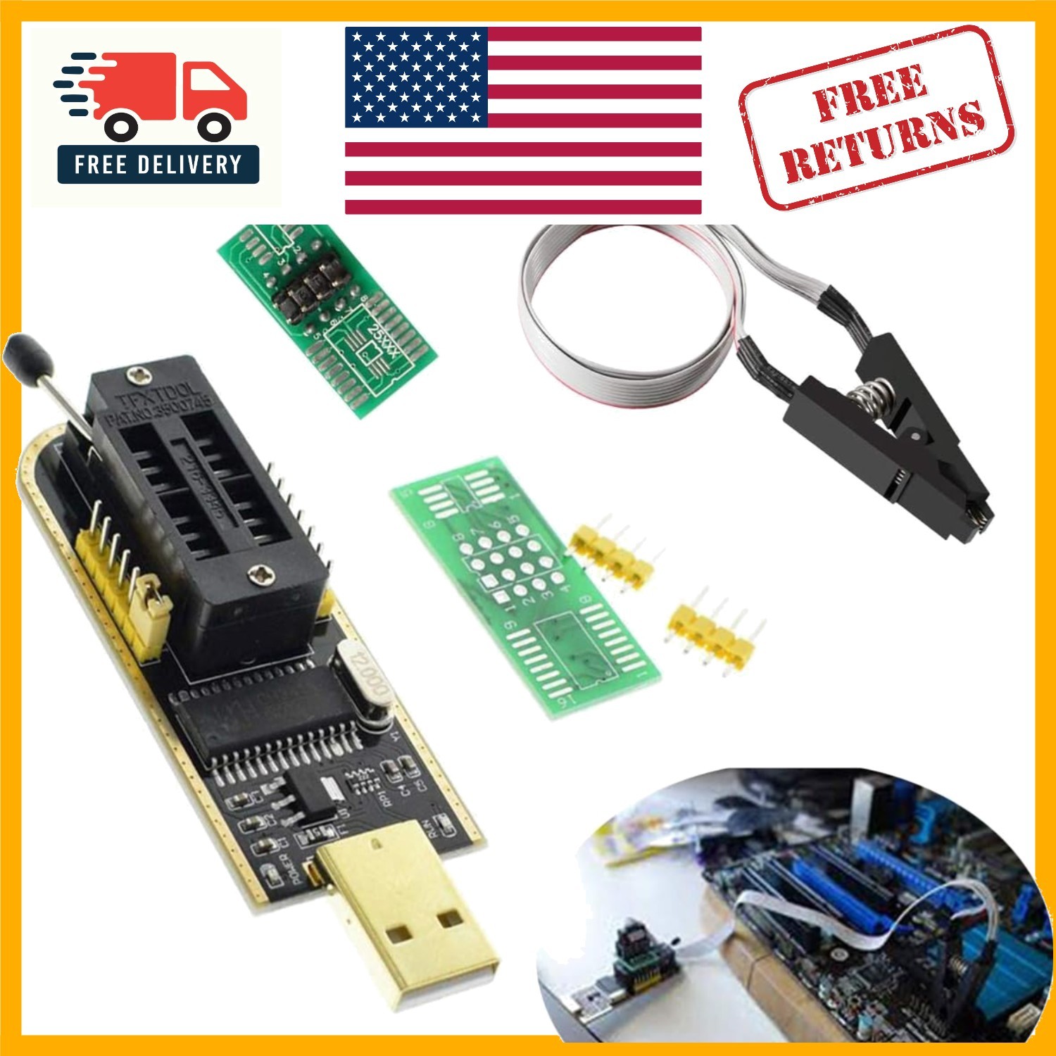 Reliable CH341A USB Programmer + Clip - Supports 24/25 EEPROM Chips