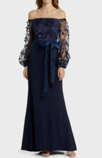 ELIZA J Navy Sheer 3D Petals Sequin Embellished Off Shoulder Belted Maxi Gown 10