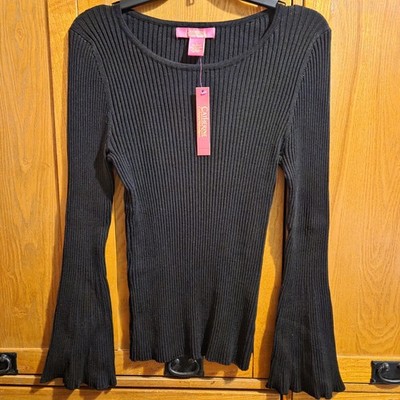 Catherine Malandrino Women's Black Ribbed Chic Flutter Sleeve Top Size Large New
