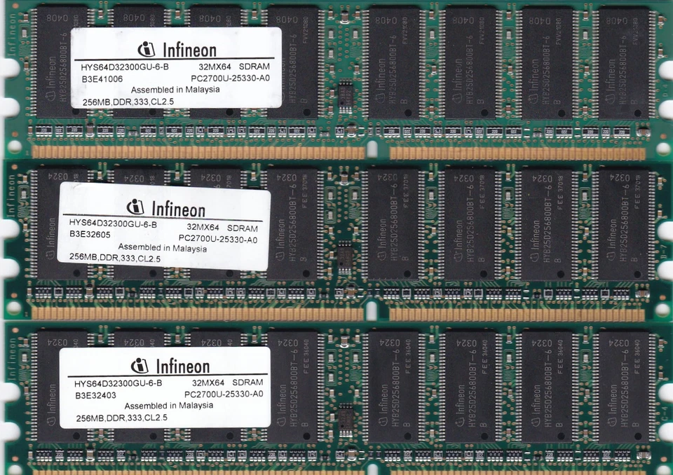 768MB 3x256MB PC-2700 INFINEON HYS64D32300GU-6-B HP 305957-041 DDR-333 DDR1 KIT - Image 2 of 3