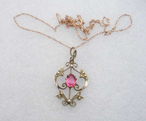 Fine antique Edwardian Silver Gilt Lavalier pendant pink Sapphire & seed Pearls - Picture 3 of 5