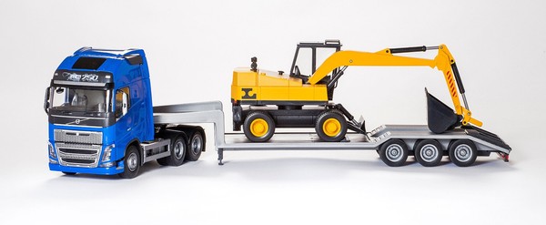 Emek - Volvo FH16 6X4 Blau Mit Dreiachser Und Lannen Bagger - 1/25 - EMEK33754-image