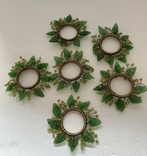 VTG Green Leaf Glass Bead And Wire Napkin Rings Set Of 6