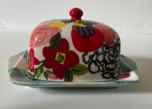 Anthropologie Butter Dish Painted Amaryllis 1/2 Half Stick Lid Floral Small 6" L