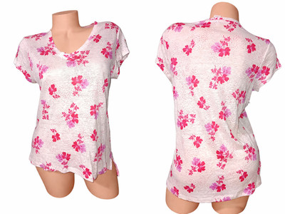 Joie Linen Floral Top Womens Medium Pink White Cap Sleeve Pullover V Neck Light