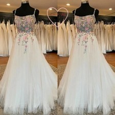 Embroidery Lace Floral Spaghetti Straps Wedding Dresses Square Neck Bridal Gowns