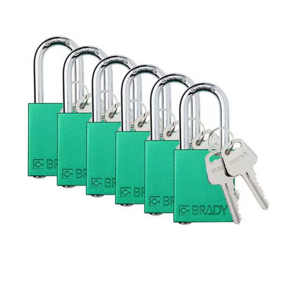 Brady Padlock Aluminum Green Keyed Alike Safety Lock 6 Pack Steel Shackle 1.5 in