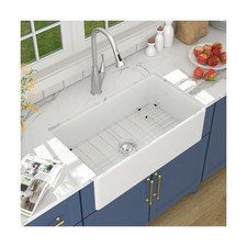 33x18 Inch White Farmhouse Sink, Fireclay Apron Front Single Bowl Kitchen Sink
