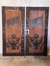 Early 1900’s Honduran Carved Mahogany Door Pair - 45 Star US Flag & Seal RARE!