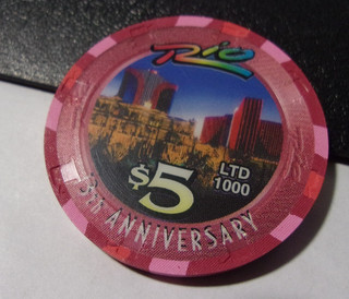 RIO SUITE HOTEL CASINO $5 (LTD 1000) casino gaming poker chip Las Vegas NV