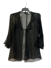 Fredericks of Hollywood Women's Size Small Sheer Robe Black Lace Trim Front Tie