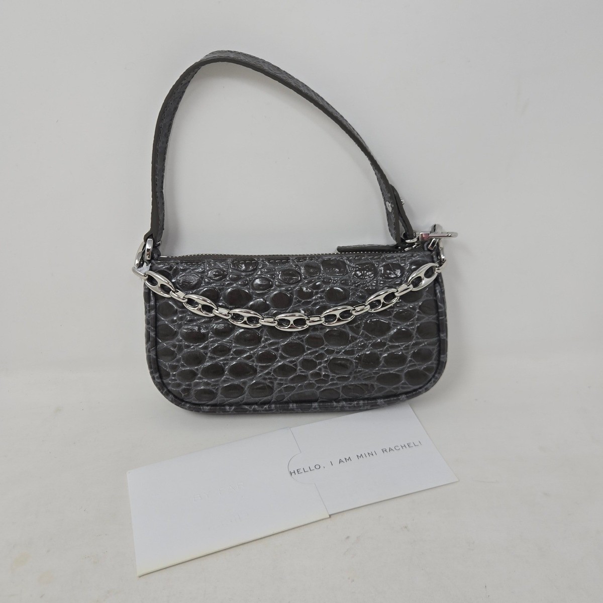 BY FAR Mini Rachel Grey Croc Embossed Leather Bag Silver Chain 
