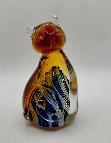 Vtg Murano Style Amber/Blue Ribbon Swirl Art Glass Cat Figurine Paperweight 4"