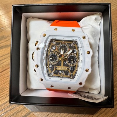 Activa Chronograph Watch Mens White Orange Gold Skeleton ACW2305-027 Sporty Bold