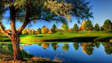 Landscape nature trees grass fall colorful water river r Custom Gaming Mat Desk