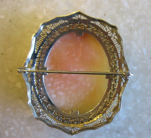 Lovely Victorian Carved Shell Cameo Pin Brooch w/ Lacy 14K Setting, Hallmark? - Picture 5 of 9