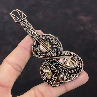 Copper Pink Opal Stone Wife Wire Wrapped Guitar Birthday Pendant Jewelry Copper