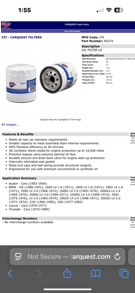 Filtro de aceite de motor CARQUEST 85374 PAQUETE DE DOS FILTROS, MG Midget Triumph Austi Foto 4 de 4