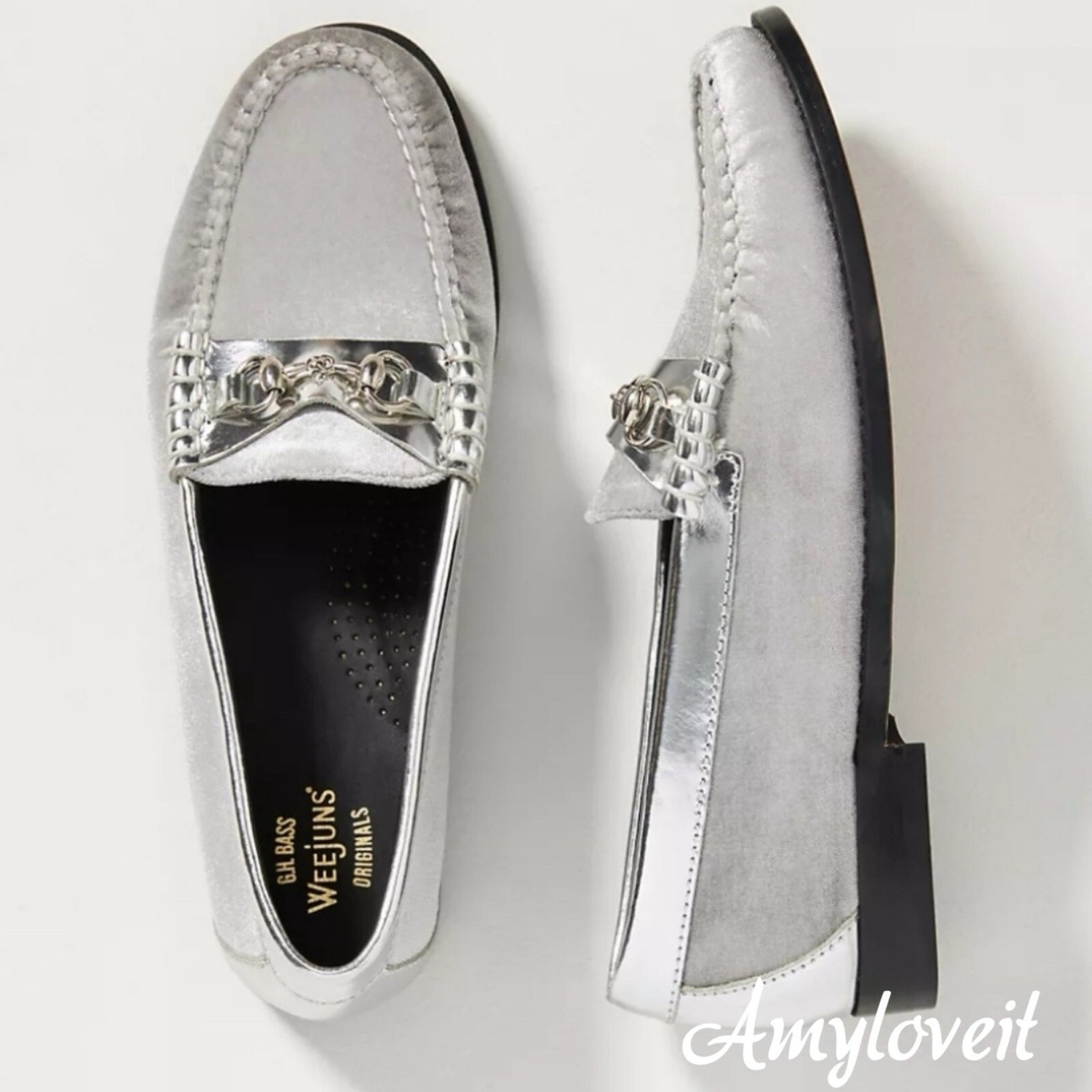 G. H. Bass & Co. Weejuns Metallic Silver Liana Velvet Horsebit Loafers New + Box GH Bass Women main image 4