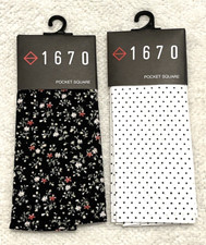 2-Pack, 1670 Pocket Squares Black with Floral Print  Black Polka Dot, Cotton