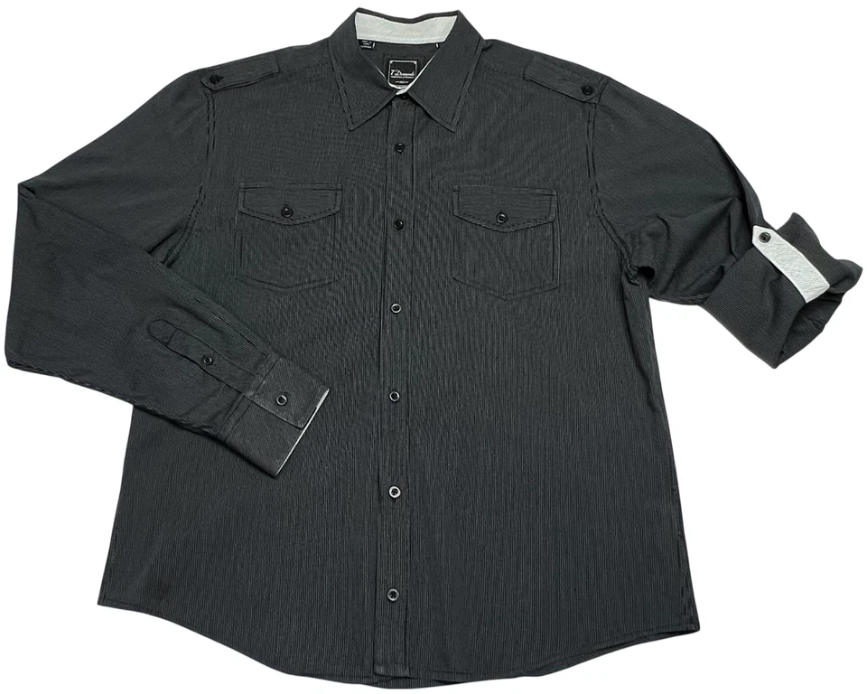 Camisa masculina 7 diamantes (L) preta cinza listrada botão para cima dragonas mangas aba rolo - Imagem 2 de 4