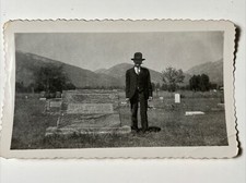 1940s Man Waxed Mustache CIGAR Photo Funeral Headstone LEWIS JOHNSTON Mountains