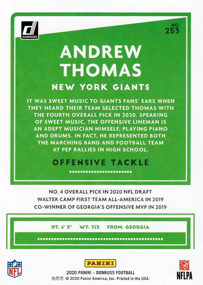 2020 DONRUSS BLUE PARALLELS RC ANDREW THOMAS NEW YORK GIANTS PRESS PROOF B3535 - Image 2 of 2